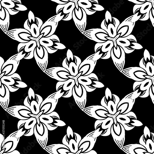 White ornament on black background Vector damask seamless retro pattern wallpaper geometry. Luxury ornate. Classic decor ornate.
