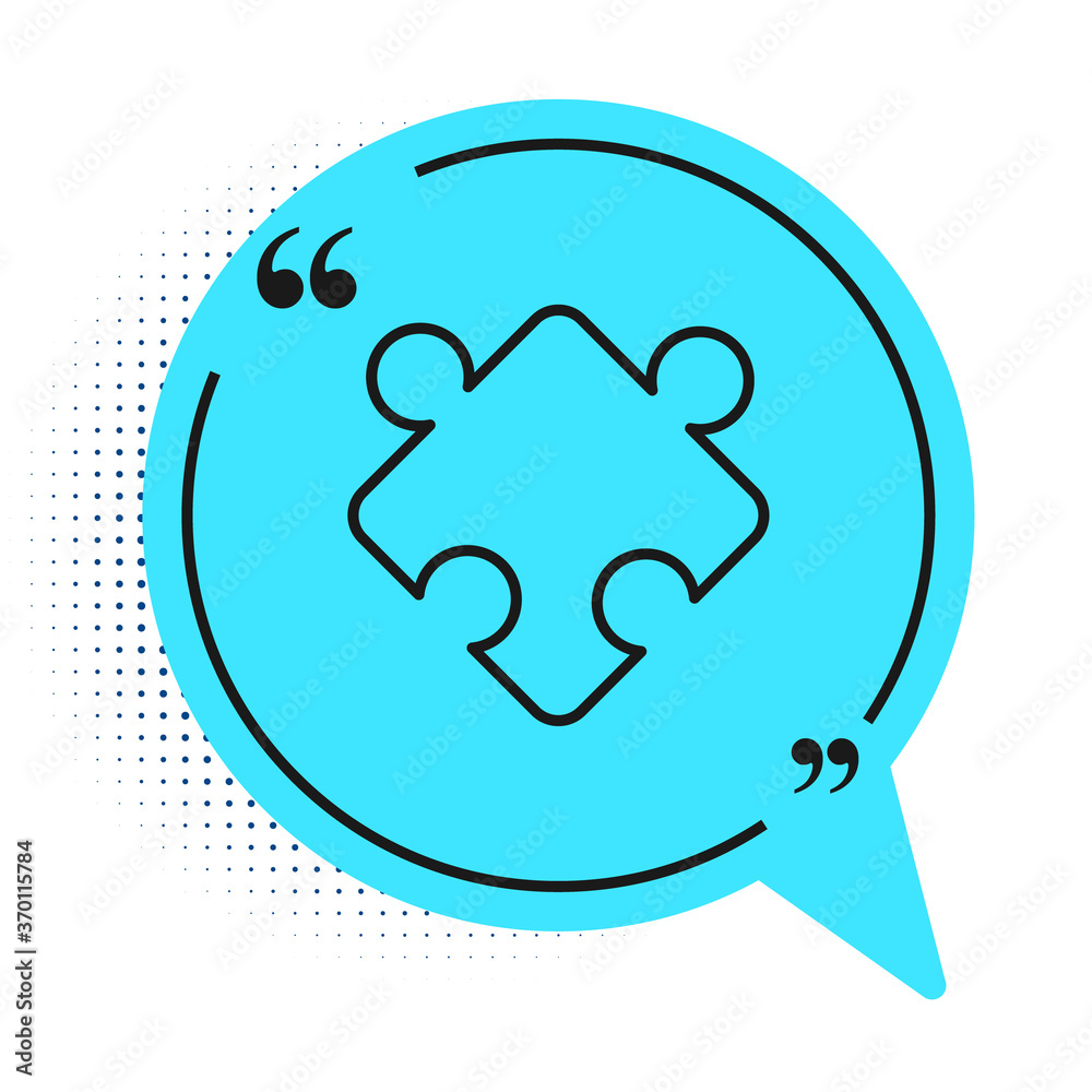 Black line Puzzle pieces toy icon isolated on white background. Blue speech bubble symbol. Vector. Black line Puzzle pieces toy icon isolated on white background. Blue speech bubble symbol. Vector.
