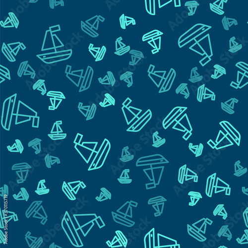 Green line Toy boat icon isolated seamless pattern on blue background. Vector.