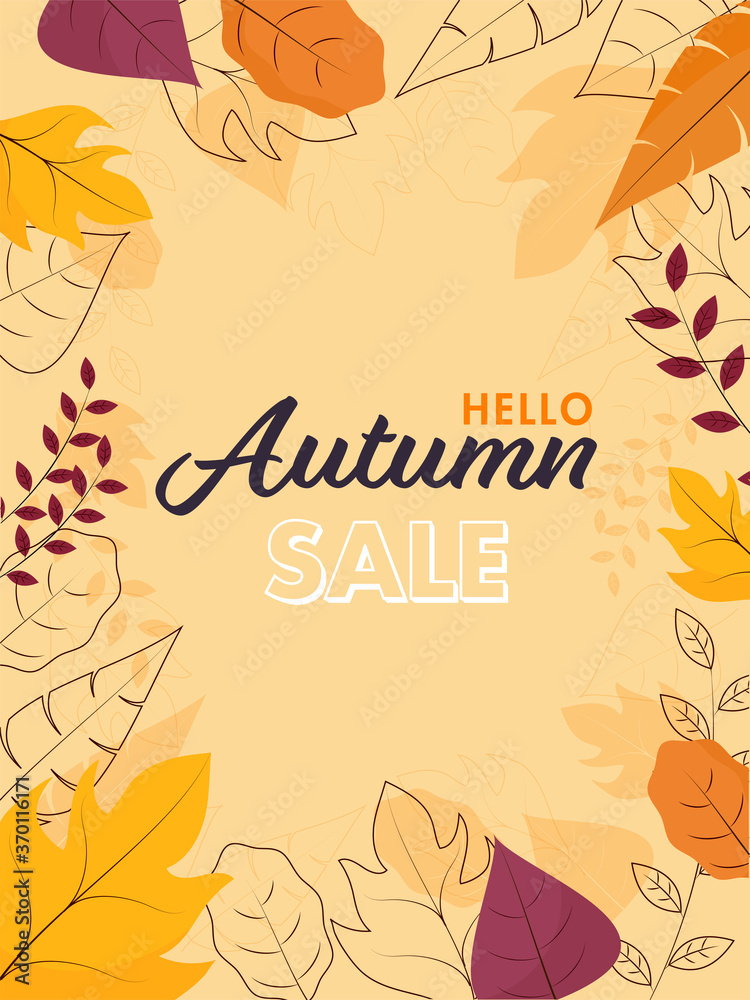 Hello Autumn Sale Template or Flyer Design with Various Leaves Decorated on Peach Yellow Background.