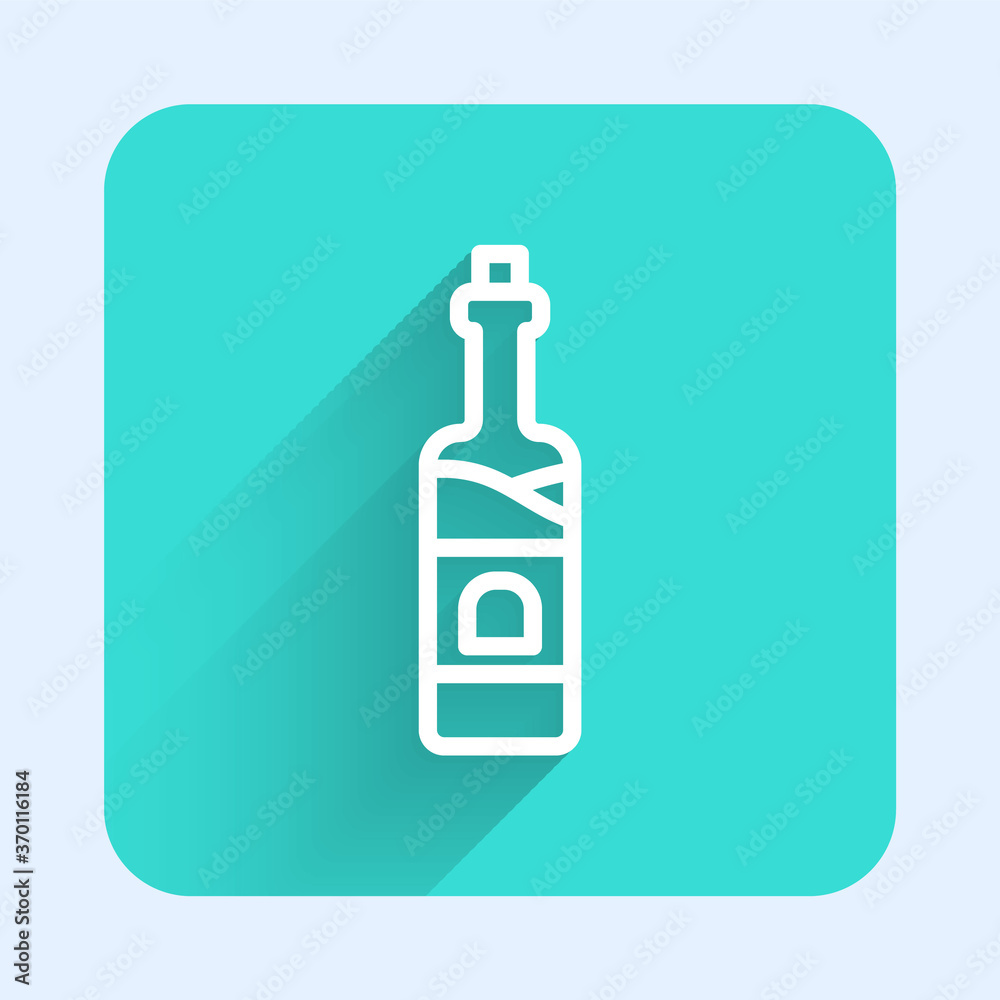 White line Bottle of wine icon isolated with long shadow. Green square button. Vector. White line Bottle of wine icon isolated with long shadow. Green square button. Vector.