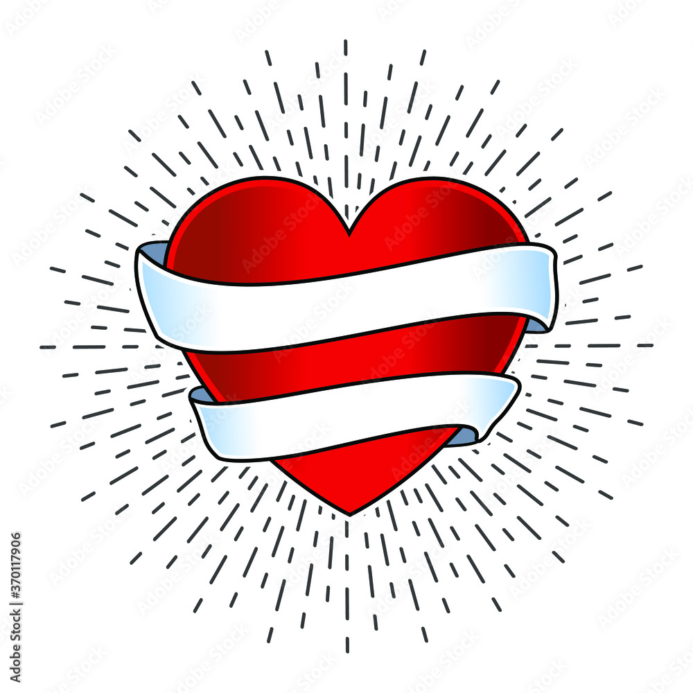 Heart with blank ribbons. Traditional tattoo of heart with blank ribbons and divergent rays isolated on white background. Vector illustration.