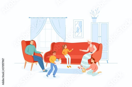 Grandparents spend time with their grandchildren at home.