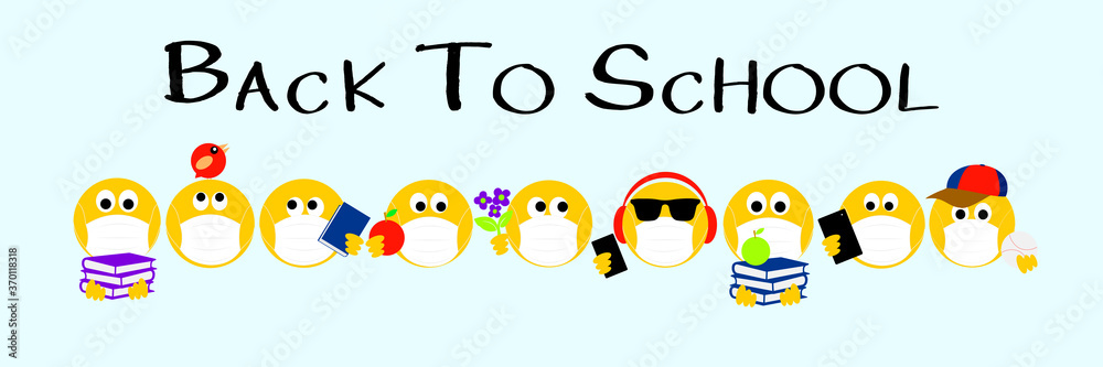 Obraz premium Back to school, Coronavirus, covid 19, banner heading, emoji wearing face masks. Youth concept of coronavirus.