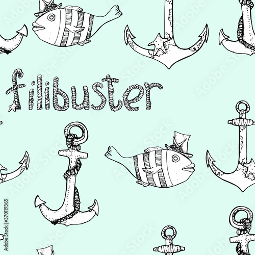 vector illustration seamless pattern chest,hat pirate fish,anchor,doodle