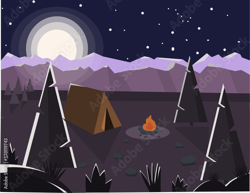 Vector illustration of camping at night with a beautiful view of the mountains. Family camping in the evening. Tent, fire, forest and rocky mountains in the background, night sky with clouds..