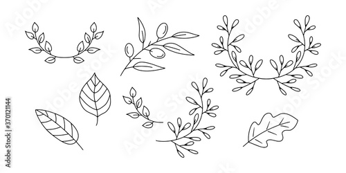 Doodle wreath, branch, leaf, olive icon isolated on white. Frame, border for design. Vector stock illustration. EPS 10