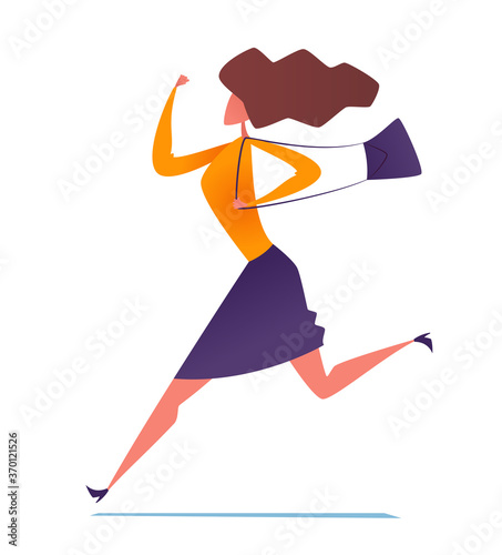 Hurry running rushing woman with bag. Vector illustration.