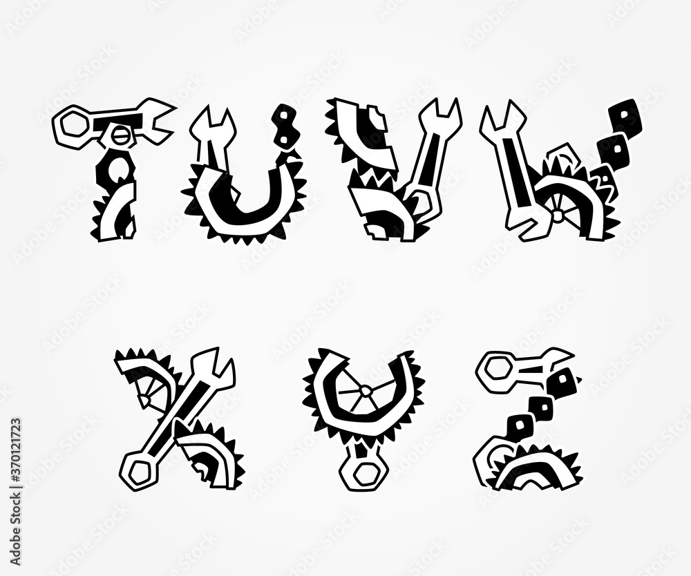 Obraz premium Mechanical font. Black vintage steampunk alphabet for logo and text. Vector illustration with letters.