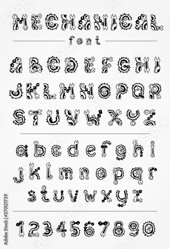 Mechanical black font. Vector illustration of vintage steampunk alphabet for logo and text.