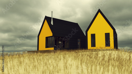 Modern Yellow Wooden Cabin with Grassy Sand Dunes on a Cloudy Day Norwegian Style House Floating 3d illustration 3d render 