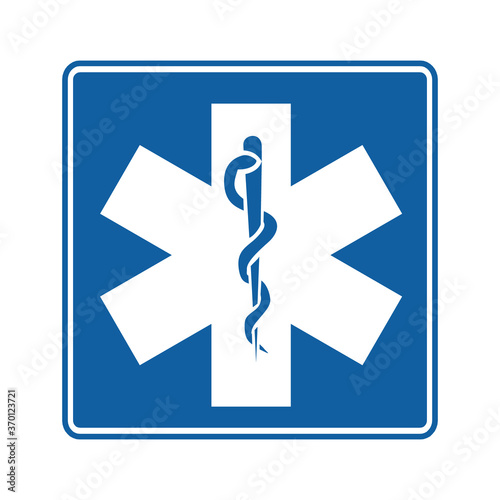 Star of life. Vector illustration of Caduceus health symbol Asclepius's. Medical symbol with snake. Informative road sign. Symbol of Emergency Medical Services.