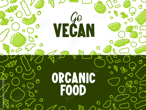 Vegan food texts and vegetable pattern on banner.