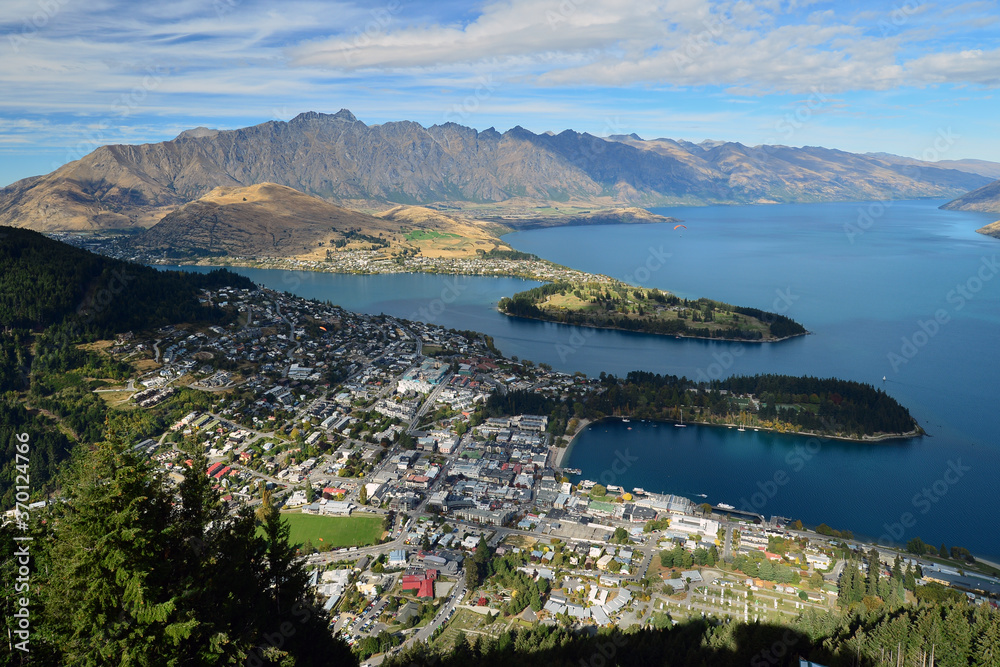 Town and lake in Queenstown from top hill and mountain New zealand