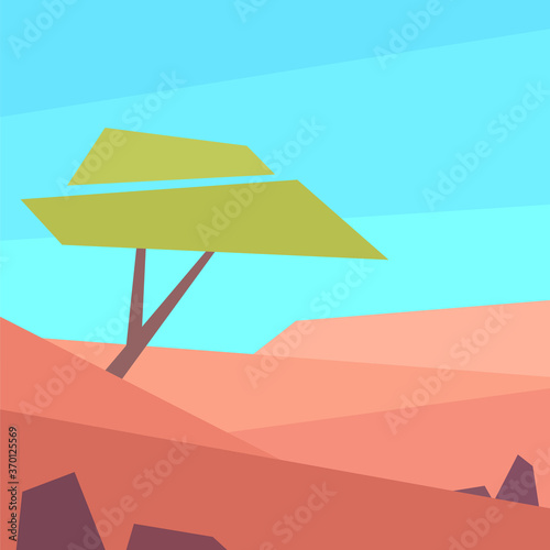 Low poly landscape. Tree in desert. Square vector illustration