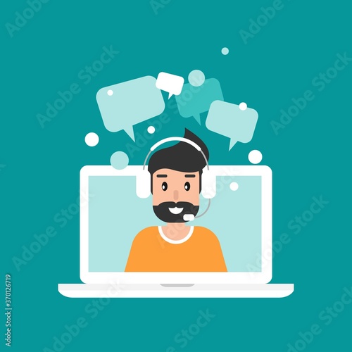 Man operator on laptop screen with headphones and microphone. flat vector illustration on blue background.