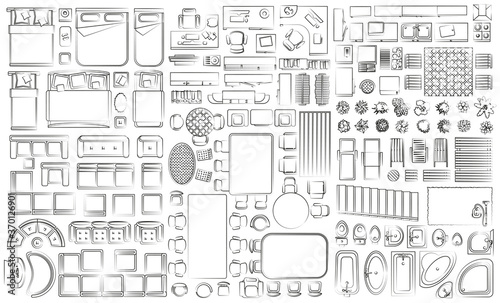 Set of linear icons. Interior top view. Isolated Vector Illustration. Furniture and elements for living room, bedroom, kitchen, bathroom. Floor plan (view from above). Furniture store.