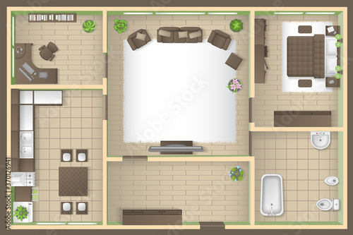 Apartment floor plan. (top view) Furnished flat. (view from above) Interior architecture. Living room, bedroom, kitchen, bathroom, office. 