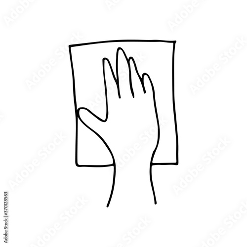Doodle illustration of hand with rag washing glass. Doodle icon of hand wiping the glass with rag