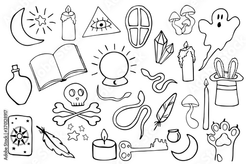 Big black magic vector icon set. Outlined monochrome doodle elements. Witchcraft equipment for tattoo, print design, t-shirt logo. Hand drawn brushstroke crystal ball, mushroom, potion etc. EPS 10
