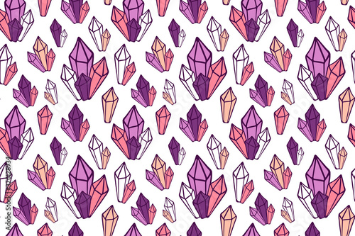 Cute crystal vector seamless pattern. Nice pink and purple gemstone repeated background for print design, fabric, textile, wallpaper, wrapping paper, backdrop. EPS 10