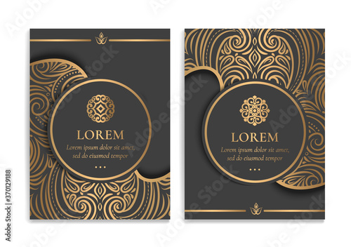 Gold and black luxury invitation card design. Vintage ornament template. Can be used for background and wallpaper. Elegant and classic vector elements great for decoration.