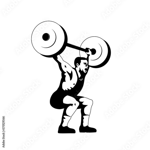 Weightlifter Lifting Barbell Side View Retro Woodcut Black and White