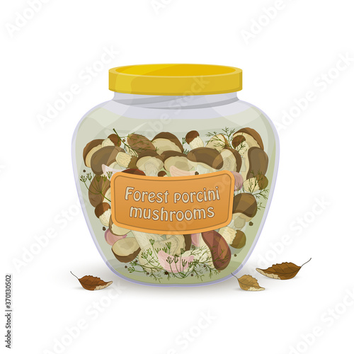 White forest mushrooms marinated in a glass jar. Isolated object on white background