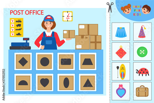 Educational worksheet for children. Game for Kids. Find items in the picture. Post office. Logic puzzle game. Activity for pre school years kids and toddlers