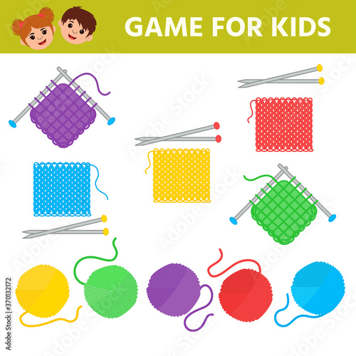 Educational worksheet for children. Game for Kids. Join the sample with threads. Yarn colorful. Logic puzzle game. Activity for pre school years kids and toddlers
