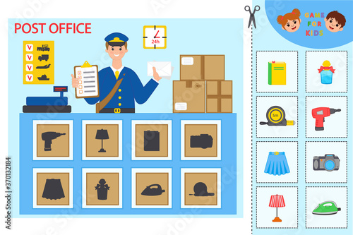 Educational worksheet for children. Game for Kids. Find items in the picture. Post office. Logic puzzle game. Activity for pre school years kids and toddlers