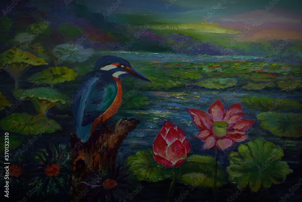 Naklejka premium hand painted original impressionism art painter painting oil color a kingfisher bird looking at the lotus flower from thailand