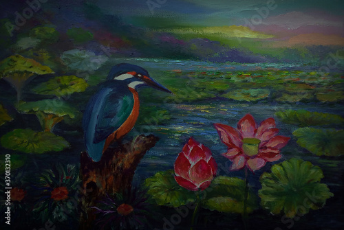 Art painting Oil Color A Kingfisher bird looking at the lotus flower from thailand