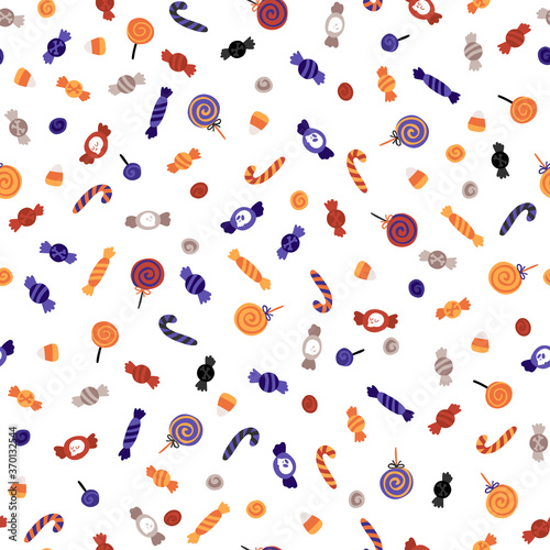 Halloween sweets seamless pattern. Vector illustration of candy in a simple hand-drawn style. The limited palette is ideal for printing fabrics, textiles, wrapping paper, packaging. White background.