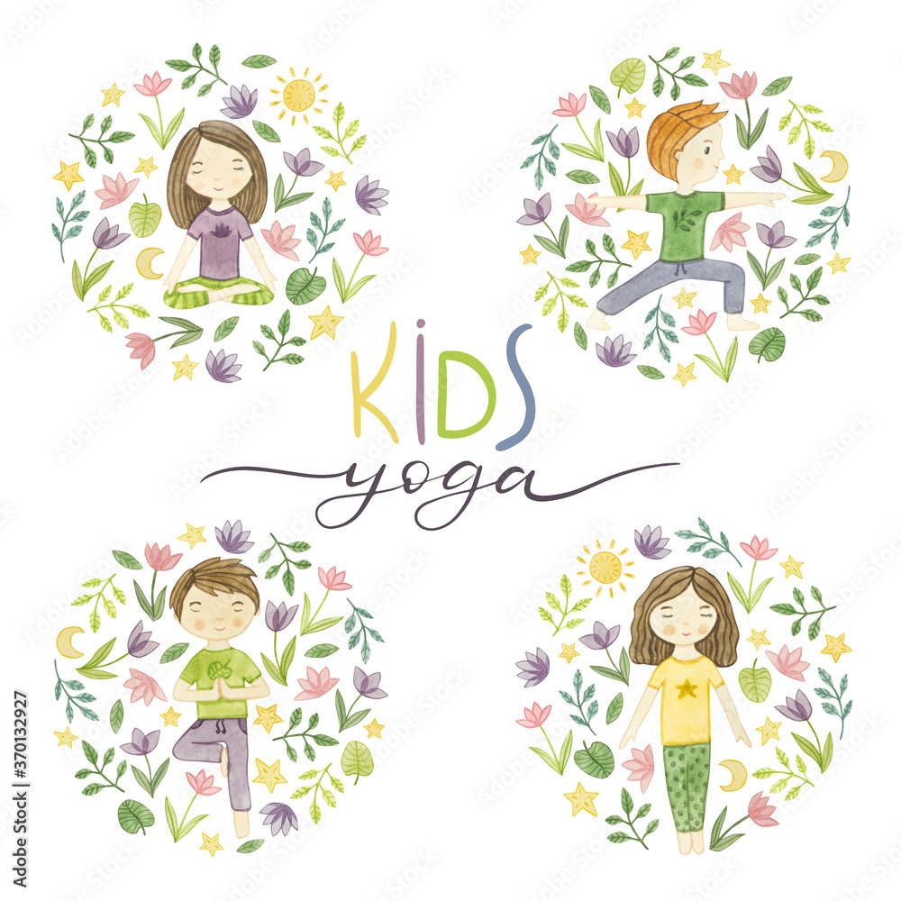 Kids yoga. Watercolor compositions, yoga poses boys and girls. 