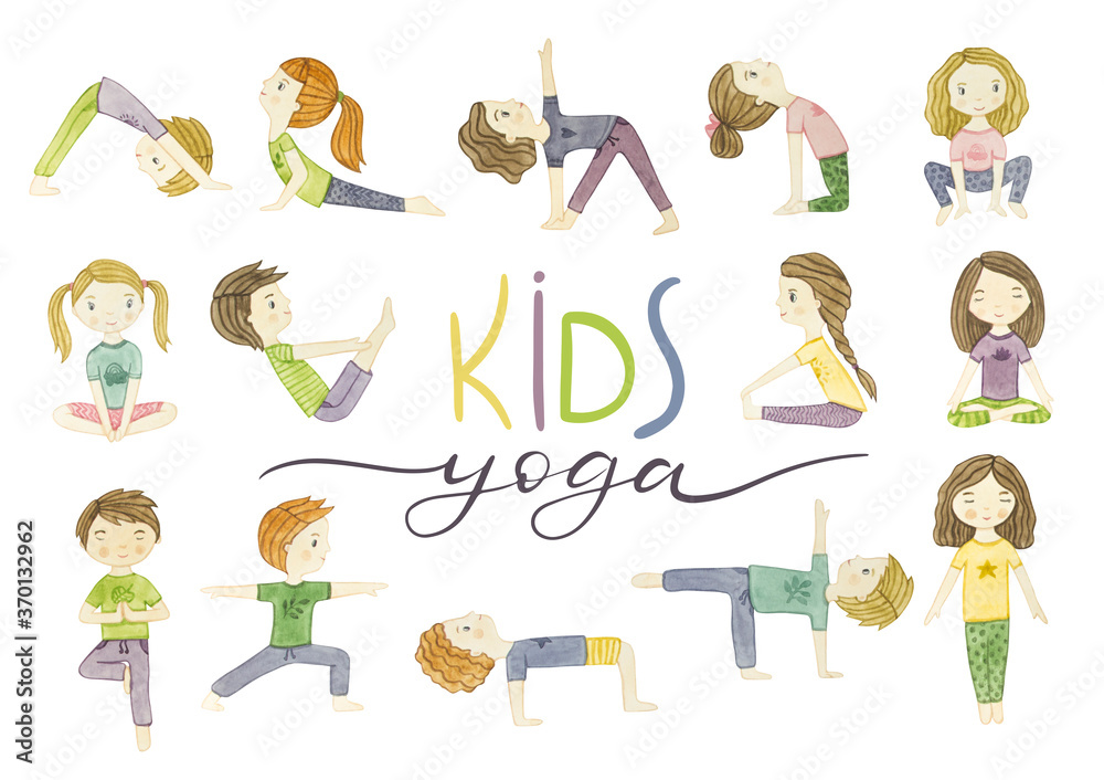 Kids yoga. Watercolor set of yoga poses boys and girls. 