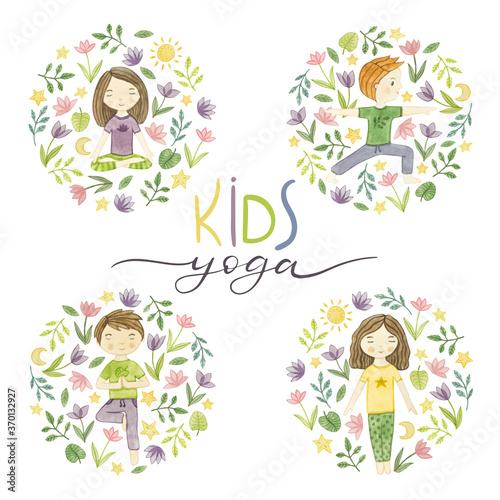 Kids yoga. Watercolor compositions  yoga poses boys and girls. 