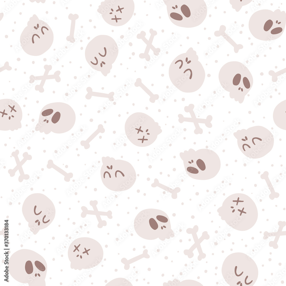 Halloween Skulls and bones seamless pattern. Childish vector illustration of funny beige dead faces in cartoon hand-drawn style isolated on white background. Ideal for fabric printing, packaging.
