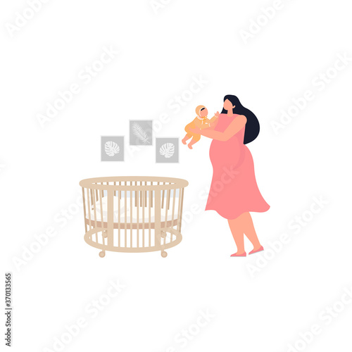 Mother and new baby. Woman taking care and spending time with little baby. Vector illustration for banner, poster, greeting card, advertisement, scrapbooking
