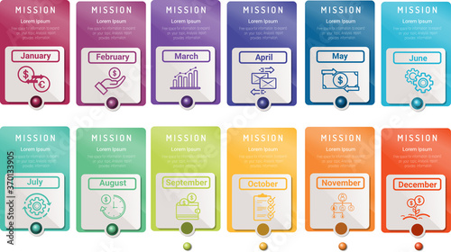 Presentation business infographic template for 12 months, 1 year, can be used for Business concept with 12 options, steps or processes. photo