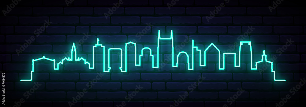 Blue neon skyline of Nashville. Bright Nashville City long banner. Vector illustration. - obrazy, fototapety, plakaty 