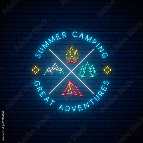 Neon tourism sign. Bright glowing emblem with tent, forest, mountains and bonfire. Concept template for summer camp, hiking, camping, nature tourism in neon style. Vector illustration.