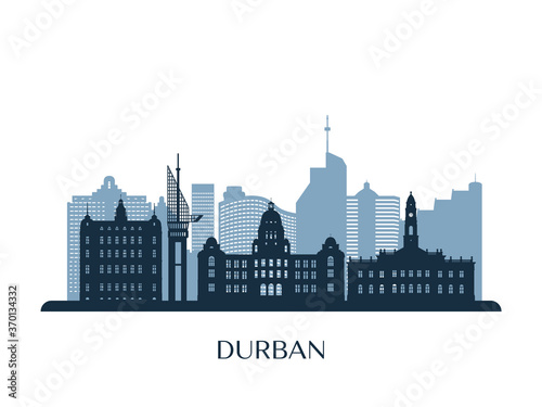 Durban skyline, monochrome silhouette. Vector illustration.