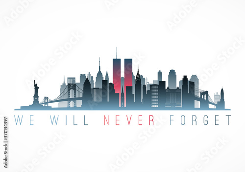 Patriot Day banner. New York city skyline with Twin Towers. September 11, 2001 National Day of Remembrance. World Trade Centre. Vector illustration.