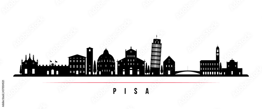 Pisa skyline horizontal banner. Black and white silhouette of Pisa, Italy. Vector template for your design.