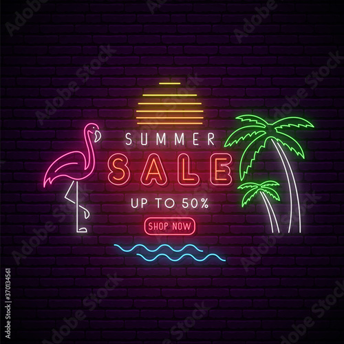 Neon Summer sale signboard. Bright advertising banner with tropical landscape in neon style. Stock vector illustration.