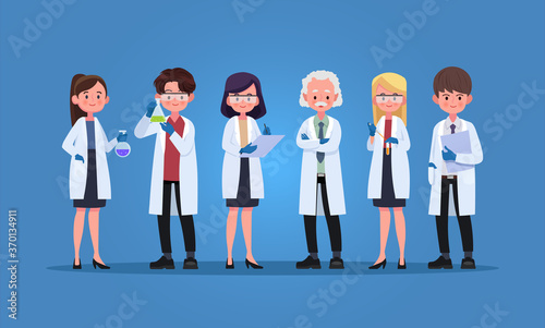 Group of scientists with gloves and gowns, Vector illustration cartoon character.