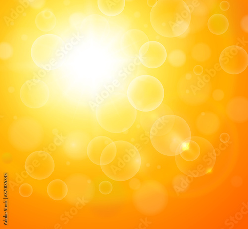 Sunny orange background, sun with bokeh, hot summer vector illustration.