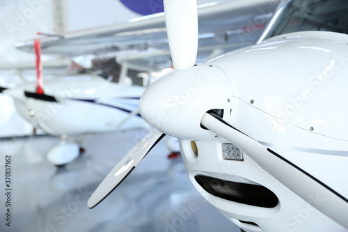 Airplane  propeller closeup in hangar