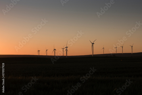 A wind farm during sunset. Turbines generating electricity. Green energy